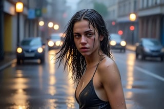 young woman walking sensually down the street in the rain, tries to seduce the viewer with her indifference,photo r3al,More Reasonable Details