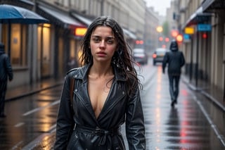 young woman walking sensually down the street in the rain, tries to seduce the viewer with her indifference,photo r3al,More Reasonable Details