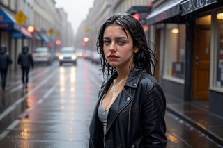 young woman walking sensually down the street in the rain, tries to seduce the viewer with her indifference,photo r3al,More Reasonable Details