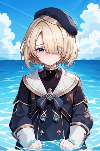 freminet, short hair,hair over one eye,blue eyes,blonde hair,bangs,hat,beret, standing in water, sad, bright blue sky, crying, both eyes are periwinkle eyes, hands are in water, right eye is covered by hair, white sclera