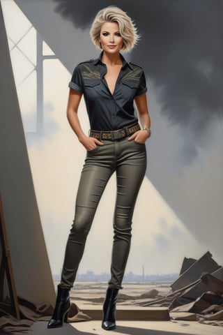 Oil Painting art, Full Lenght detailed portrait of a 50 years old classy sexy minx woman, classy makeup, ash blonde hair color, long pixie hair cut,  disheveled, she wears a Camouflage Women's Slim Fit T-Shirt, a low waist black skinny leather jeans,silver buckle belt,stilletos pointed ankle boots. Posing in a elegant background, nice lightening, confident smile, standing provocative and sexy, ultra realistic style