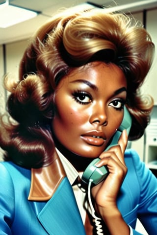 1girl, caramel skinned ,  wearing a 70s blue suit, on the telephone , in an office , highly detailed , VTWXL