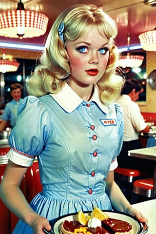 1girl, blue eyes, blonde hair,  wearing a 70s waiter dress, carry a tray filled with plates,   in a diner, highly detailed , high resolution, VTWXL