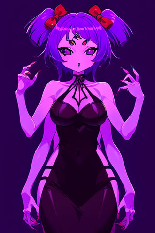 Highly detailed, Master Piece, beautiful, (medium long shot), 1girl, solo, spider woman, monster girl, a pose, A bipedal spider girl monster with six arms, purple skin, and six black spider eyes. She has long legs and sharp, claw-like nails. Her eyes are symmetrically arranged on her forehead and cheeks, giving her a wide field of vision.

,Muffet,nami_post,aketa mikoto