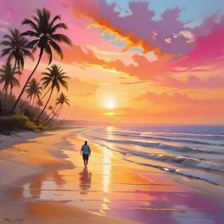 A golden-hued beach scene at sunset, framed in a narrow aspect ratio, with soft brushstrokes and vivid colors. The horizon stretches across the canvas, meeting the sky's warm oranges and pinks. A lone figure walks along the shoreline, their silhouette defined against the vibrant hues. Palm trees sway gently in the breeze, their trunks dark silhouettes against the sun-kissed sand.