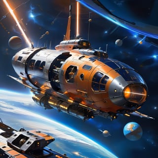 A futuristic spaceship rendered in stunning 3D detail, suspended against a dark blue galaxy backdrop, with stars and planets visible through the transparent cockpit. The ship's metallic hull glistens under warm, golden lighting, while its engines emit a bright orange glow. In the foreground, a small astronaut floats outside the airlock, tethered to the spacecraft by a safety line.