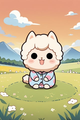 1girl,(solid circle eyes: 1.5),(chibi: 1.4),pajamas,extremely excellent composition,visual appeal,contour,funny face,huge head,cute,kawaii,alpaca,pajamas girl riding a alpaca,grassland,cloud,dragonflies,