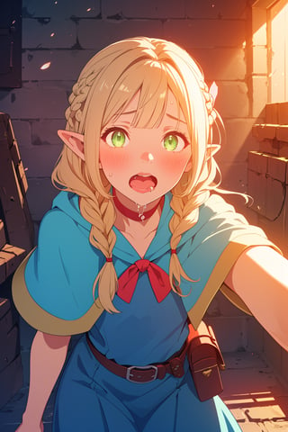 (masterpiece),4K,best quality,1girl,cowboy shot,marcille donato\donato marcille\(delicious in dungeon\),pointy ears,blonde hair,parted bangs,hair ribbon,green eyes,red choker,light blue capelet,ribbon,dark blue dress,(long dress),brown belt,belt pouch, (french braid twin braids),(dungeon),visual appeal,(open mouth,(glowing eyes,+ +),wavy mouth,drooling,blush),