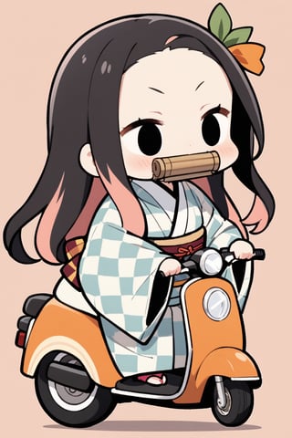 1girl,(solid circle eyes: 1.5),nezuko kamado, bamboo,(chibi: 1.4), bit gag, black hair, forehead, gag, gagged, hair ribbon, long hair, multicolored hair, orange hair, wavy hair, two-tone hair, asa no ha (pattern), checkered sash, haori, japanese clothes, kimono, long sleeves, obi, pink kimono, sash, wide sleeves, extremely excellent composition,visual appeal,contour,Japanese style architecture,funny face,huge head,cute,(baggy clothes: 1.3),kawaii,motor vehicle,Kimono girl riding a scooter,