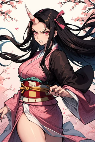 1girl,(huge muscle,muscular),nezuko kamado,single horn,angry,fang,clenched teeth,black hair, forehead,hair ribbon, long hair, multicolored hair, pink eyes, orange hair, slit pupils, wavy hair, two-tone hair, asa no ha (pattern), checkered sash, haori, japanese clothes, kimono, long sleeves, obi, pink kimono, sash, wide sleeves,forest,dynamic angle,dynamic pose,extremely excellent composition,visual appeal,pointed nails,