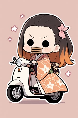 A road made of many stars,stars,road,1girl,(solid circle eyes: 1.5),nezuko kamado, bamboo,(chibi: 1.4), bit gag, black hair, forehead, gag, gagged, hair ribbon, long hair, multicolored hair, orange hair, wavy hair, two-tone hair, asa no ha (pattern), checkered sash, haori, japanese clothes, kimono, long sleeves, obi, pink kimono, sash, wide sleeves, extremely excellent composition,visual appeal,contour,funny face,huge head,cute,(baggy clothes: 1.3),kawaii,motor vehicle,Kimono girl riding a scooter,purple gradient background,