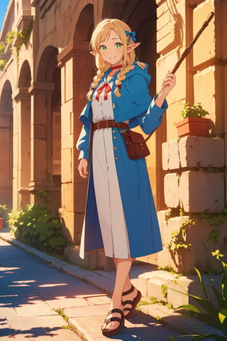 masterpiece,4K,best quality,1girl,full body,marcille,elf,pointy ears,blonde hair,hair ribbon,green eyes,red choker,blue capelet,hooded capelet,ribbon,blue robe,long sleeves,brown belt,belt pouch, french braid twin braids,sandals,hood down,holding,staff,holding staff,stone bricks,arch,smile,