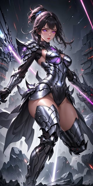 armor full power,(extremely detailed eyes: 1.4),battlefield,(thigh shot: 1.2),tech,imperial,perfect hands,detailed fingers,intricate details,extremely excellent composition,visual appeal,beautiful detailed glow,sparkling,metal reflective,glowing,from front,dynamic angle,(dynamic pose: 1.4),purple mist,sword,more blades,perfect body,future technology beam weapon,beam weapon,purple theme,universe,levitating laser cannon,