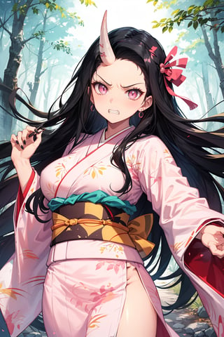 1girl,(huge muscle,muscular),nezuko kamado,single horn,angry,fang,clenched teeth,black hair, forehead,hair ribbon, long hair, multicolored hair, pink eyes, orange hair, slit pupils, wavy hair, two-tone hair, asa no ha (pattern), checkered sash, haori, japanese clothes, kimono, long sleeves, obi, pink kimono, sash, wide sleeves,forest,dynamic angle,dynamic pose,extremely excellent composition,visual appeal,pointed nails,