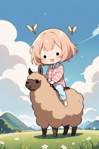 1girl,(solid circle eyes: 1.5),(chibi: 1.4),pajamas,extremely excellent composition,visual appeal,contour,funny face,huge head,cute,kawaii,alpaca,pajamas girl riding an alpaca,grassland,cloud,dragonflies,