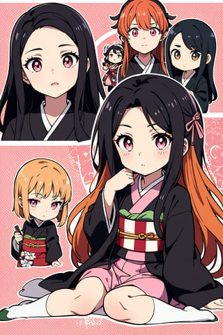 solid circle eyes,((chibi)),1girl,nezuko kamado,black hair, forehead,hair ribbon, long hair, multicolored hair, pink eyes, orange hair, slit pupils, wavy hair, two-tone hair, asa no ha (pattern), checkered sash, haori, japanese clothes, kimono, long sleeves, obi, pink kimono, sash, wide sleeves,extremely excellent composition,visual appeal,