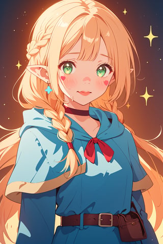 (masterpiece),4K,best quality,1girl,upper body,marcille donato\donato marcille\(delicious in dungeon\),pointy ears,blonde hair,parted bangs,hair ribbon,green eyes,red choker,light blue capelet,ribbon,dark blue dress,(long dress),brown belt,belt pouch, (french braid twin braids),dungeon,visual appeal,(sparkle,glowing eyes,+ +,wavy mouth,drooling,blush stickers),