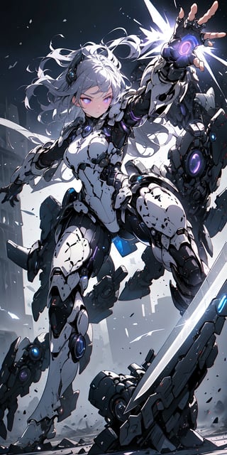 armor full power,(battlefield: 1.4),(thigh shot: 1.2),tech,imperial,perfect hands,detailed fingers,intricate details,extremely excellent composition,visual appeal,beautiful detailed glow,sparkling,metal reflective,glowing,from front,dynamic angle,(dynamic pose: 1.4),purple mist,sword,more blades,perfect body,future technology beam weapon,