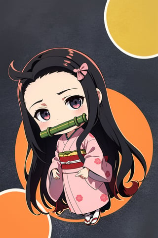 1girl,(solid circle eyes: 1.5),nezuko kamado, bamboo,(chibi: 1.4), bit gag, black hair, forehead, gag, gagged, hair ribbon, long hair, multicolored hair, orange hair, wavy hair, two-tone hair, asa no ha (pattern), checkered sash, haori, japanese clothes, kimono, long sleeves, obi, pink kimono, sash, wide sleeves, extremely excellent composition,visual appeal,contour,Japanese style architecture,funny face,huge head,cute,(baggy clothes: 1.3),kawaii,