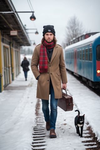 masterpiece, (photorealistic:1.4), 2 cats, walking, realistic, hat, ((holding)), standing, bag, scarf, blurry, coat, no humans, depth of field, blurry background, animal, cat, walking, realistic, beanie, winter clothes, ((UK style clothes)), animal focus, suitcase, clothed animal, falling_snow, at train station,