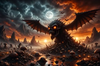 EdobHorrorLandscape, spikes, scenery, moon, monster, mushroom, ambiguous gender, eldritch abomination, guro, skull, rain, dark, orange sky, sky, wings, multiple others, scenery, mountain, artist name, realistic, eye focus, ambiguous gender, moon, ,DonMC3l3st14l3xpl0r3rsXL,science fiction,Sci-fi 