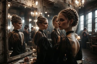 A lady with a piercing gaze wearing a black silk dress and hair braided with silver threads, observing her reflection in mirrors showing visions of the past and future.