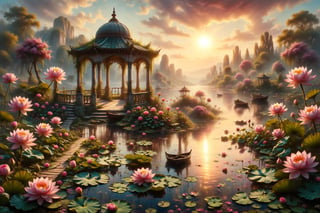 river, boat, pink lotuses on the water, sun in the sky, sunny path on the water, rose bushes on the shore, a beautiful gazebo on the shore, oil painting in the style of the artist Hans Zatzka, play of light and shadows