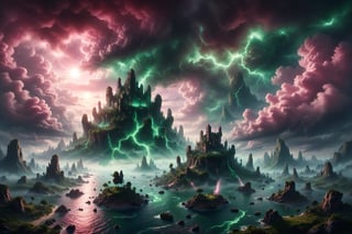 MAP, FANTASY RPG, SKY, PINK CLOUDS, GREEN LIGHTNING, floating islands, Greg Rutkowski, DonMC3l3st14l3xpl0r3rsXL, (style of Ivan Aivazovsky:0.6)