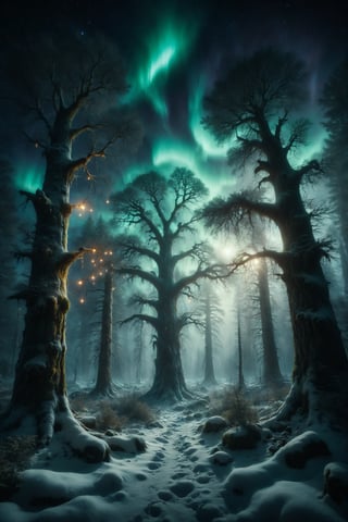 A snow-covered forest with ancient trees and fairy lights floating among the branches, under a resplendent aurora borealis.