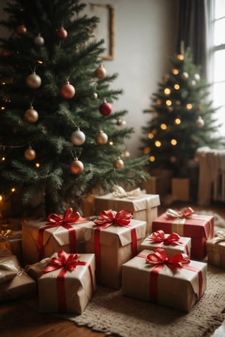 Several gifts wrapped with ribbons under a Christmas tree.