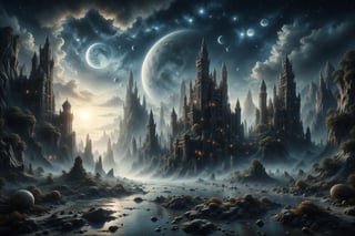 a beautiful and detailed matte painting of the echoes of the enchanted moon, with a surreal and ethereal lunar landscape, soft and mysterious lights, fantastic creatures and floating elements, surreal architecture inspired by Maxfield Parrish and René Magritte, masterpiece!!!, ethereal, detailed, magical, surreal, dreamlike atmosphere, exquisite details, lunar magic, fantasy realism, soft and mysterious lighting