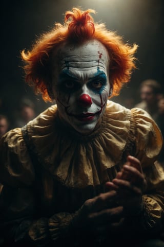 At the center stage, a clown with vibrant colored makeup silently gazes with eyes that seem to see beyond the visible. Their static smile contrasts with the melancholy emanating from their expression, while their hands, skillful and serene, manipulate a puppet of golden threads dancing gracefully in the dim light.