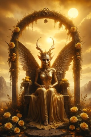 A golden alien female with wings and horns wearing a beautiful crown and holding a golden pentacle, sitting on a throne adorned with an arch of leaves and roses and grass, with the yellow sky