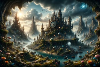 a beguiling epic stunning beautiful and insanely detailed matte painting of dream worlds, the land of clocks and gears at the end of time with surreal architecture designed by Heironymous Bosch, with mega structures inspired by Heironymous Bosch's Garden of Earthly Delights, vast surreal landscape and horizon by Asher Durand and Cyril Rolando and Natalie Shau, masterpiece!!!, grand!, imaginative!!!, whimsical!!, epic scale, intricate details, sense of awe, elite, wonder, insanely complex, masterful composition!!!, sharp focus, fantasy realism, dramatic lighting