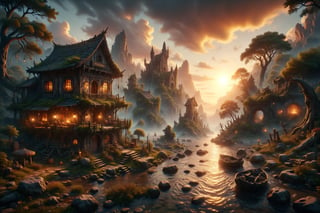 beautiful ancient fantasy store at sunset, trending on Artstation, octane render, unreal engine, visually stunning, award winning, river, forest