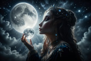 A sorceress in a velvet dress adorned with lunar jewels, whispering ancient spells while the silvery light of the full moon illuminates her serene face.