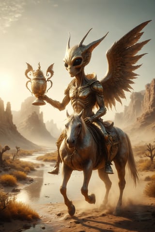 A golden alien with wings and horns riding a horse, holding a cup trophy in up, in a desert with little vegetation and a river