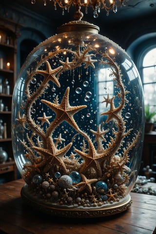 An aquarium with interesting, surreal organic curves, filled with shimmering starfish and candelabras resembling underwater constellations. Inlaid starfish, decorative gold accents, feathers, diamonds, and iridescent bubbles.