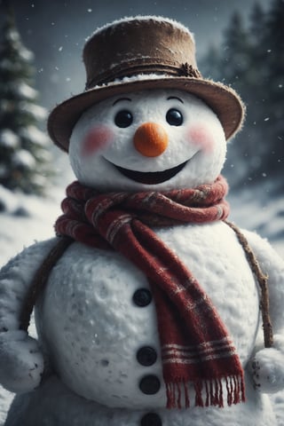 A smiling snowman with a scarf and hat