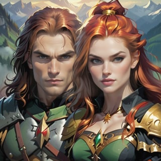 Carpathian male warrior, battle born, long black hair, intense gold eyes, supernatural, vampire like traits, holding  a beautiful red hair, Green eyed woman, twilight in the Carpathian Mountains