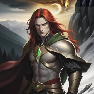  male warrior, battle born, long black hair, intense gold eyes, supernatural and a beautiful red hair, Green eyed woman, twilight in the Carpathian Mountains,  