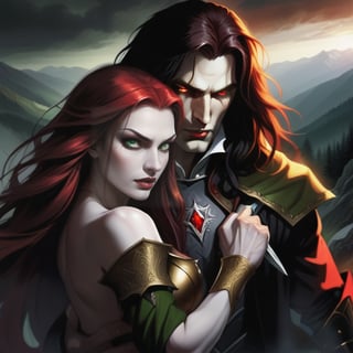 Carpathian male warrior, battle born, long black hair, intense gold eyes, supernatural, vampire like traits, holding  a beautiful red hair, Green eyed woman, twilight in the Carpathian Mountains