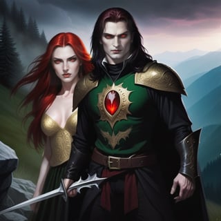 Carpathian male warrior, battle born, long black hair, intense gold eyes, supernatural, vampire like traits, holding  a beautiful red hair, Green eyed woman, twilight in the Carpathian Mountains