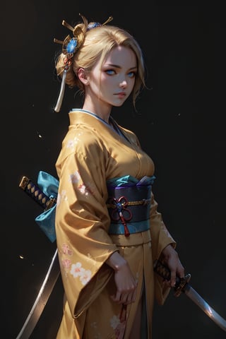 score_9, score_8_up, score_7_up, dark theme, concept art, Expressiveh, Extremely Realistic, 1girl, solo, blue eyes, blonde hair, hair ornament, weapon, japanese clothes, sword, kimono, katana, sheath, realistic, unsheathing, yellow kimono,