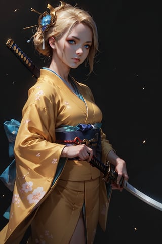 score_9, score_8_up, score_7_up, dark theme, concept art, Expressiveh, Extremely Realistic, 1girl, solo, blue eyes, blonde hair, hair ornament, weapon, japanese clothes, sword, kimono, katana, sheath, realistic, unsheathing, yellow kimono,