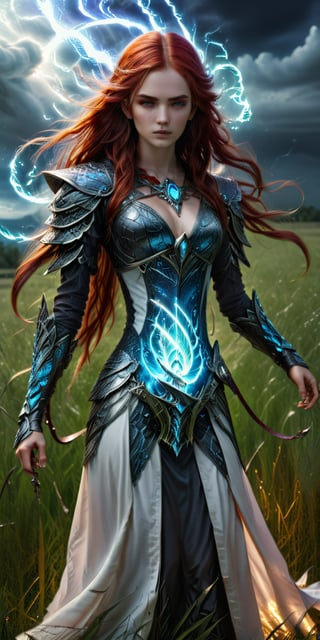 (4k), (masterpiece), (best quality), (extremely intricate), (realistic), (clear focus), (award-winning), (cinematic lighting), (extremely detailed), ultra-realistic Young sorceress with long red hair standing in a field with tall grass, with a staff in her hand In her hand, she is wearing a flowing white robe with silver zippers embroidered on it. In her hand she holds a staff that crackles with electricity. She is surrounded by a swirling vortex of lightning energy.,DonMBl00mingF41ryXL 