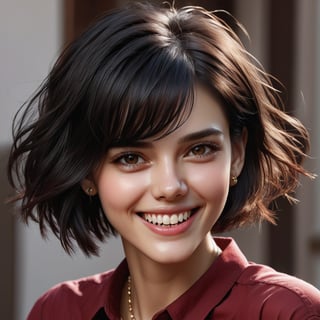 score_9, score_8_up, score_7_up, photorealistic, masterpiece, 16k, 1girl, solo, short hair, looking at viewer, smile, open mouth, black hair, shirt, brown eyes, jewelry, teeth, grin, red shirt, realistic,