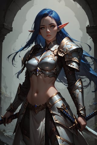 score_9, score_8_up, score_7_up, dark theme, concept art, Expressiveh, Extremely Realistic, 1girl, solo, long hair, navel, blue hair, weapon, pointy ears, midriff, sword, armor, elf