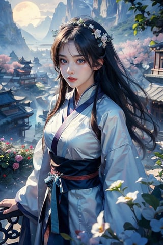 Anime Style, masterpiece, top quality, super detailed, official art, 1 girl, delicate facial features, perfect eyes, looking at viewer, wearing Hanfu, waist-up view, Long lens photo, pastel colors, realistic, 16K, mountains , valley, sun and moon silhouettes romantic sky, flowers, light roses, stunning light, photorealism, line art., 