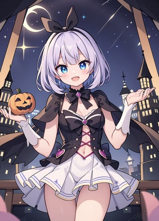 Pretty young, cheerful smile, magical girl, the stage is midnight Halloween, short hair, straight hair, slender and cute body,sparkling eyes,